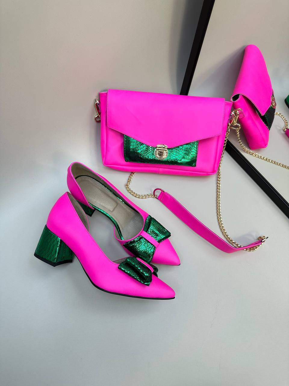 Стильные женские туфли кожаные на каблуке розовые, фуксия. Туфли натуральные для женщин яркие розовые, зеленые - фото 5 - id-p1792905137