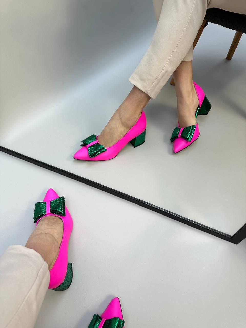 Стильные женские туфли кожаные на каблуке розовые, фуксия. Туфли натуральные для женщин яркие розовые, зеленые - фото 6 - id-p1792905137