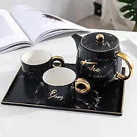 💜Сервіз порцеляновий чайний, з 4 предметів, на 2 персони, чорний, стильний, на підносі