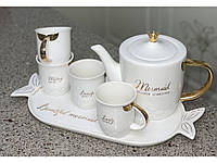 Сервіз порцеляновий чайний, з 6 предметів, на 4 персони, стильний, на підносі Білий