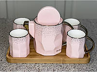 Сервіз порцеляновий чайний, з 6 предметів, на 4 персони, рожевий, стильний, на дерев'яному підносі
