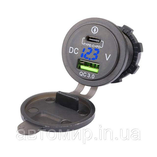 Автомобільна врізна зарядка, с 1 USB и Type-C на 3А,  12/24В з вольтметром синього кольору, фото 1