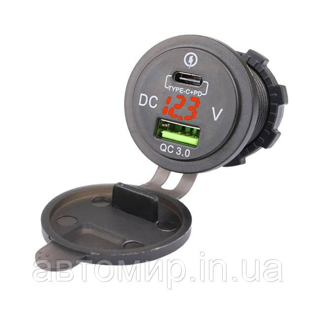Автомобільна врізна зарядка, с 1 USB и Type-C на 3А,  12/24В з вольтметром червоного  кольору, фото 1