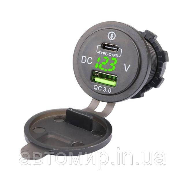 Автомобільна врізна зарядка, с 1 USB и Type-C на 3А, 12/24В з вольтметром зеленого кольору, фото 1