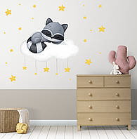 Интерьерная наклейка "Спящий енотик на облачке" 80х80 см + набор звездочек на стену в детскую комнату