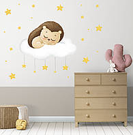 Интерьерная наклейка "Спящий ежик на облачке" 80х80 см + набор звездочек на стену в детскую комнату