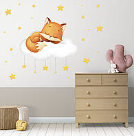 Интерьерная наклейка "Спящая лисичка на облачке" 80х80 см + набор звездочек на стену в детскую комнату