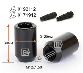 Гайка колісна DHE20A30 BA-Cr M12X1,50 Чорний Хром висота 30 мм Конус, внутр. 12 мм шестигран., D=20 мм