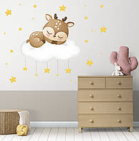Интерьерная наклейка "Спящий олененок на облачке" 80х80 см + набор звездочек на стену в детскую комнату