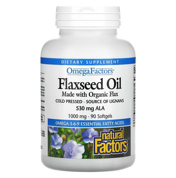 Лляна олія, Flaxseed Oil Natural Factors, 1000 мг, 90 капсул, фото 1