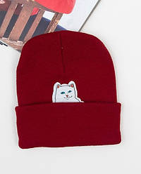 Зимова шапка Rip n Dip бордова чоловіча жіноча унісекс з котом показуючим фак