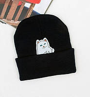 Зимова шапка Rip n Dip чорна чоловіча жіноча унісекс з котом показуючим фак