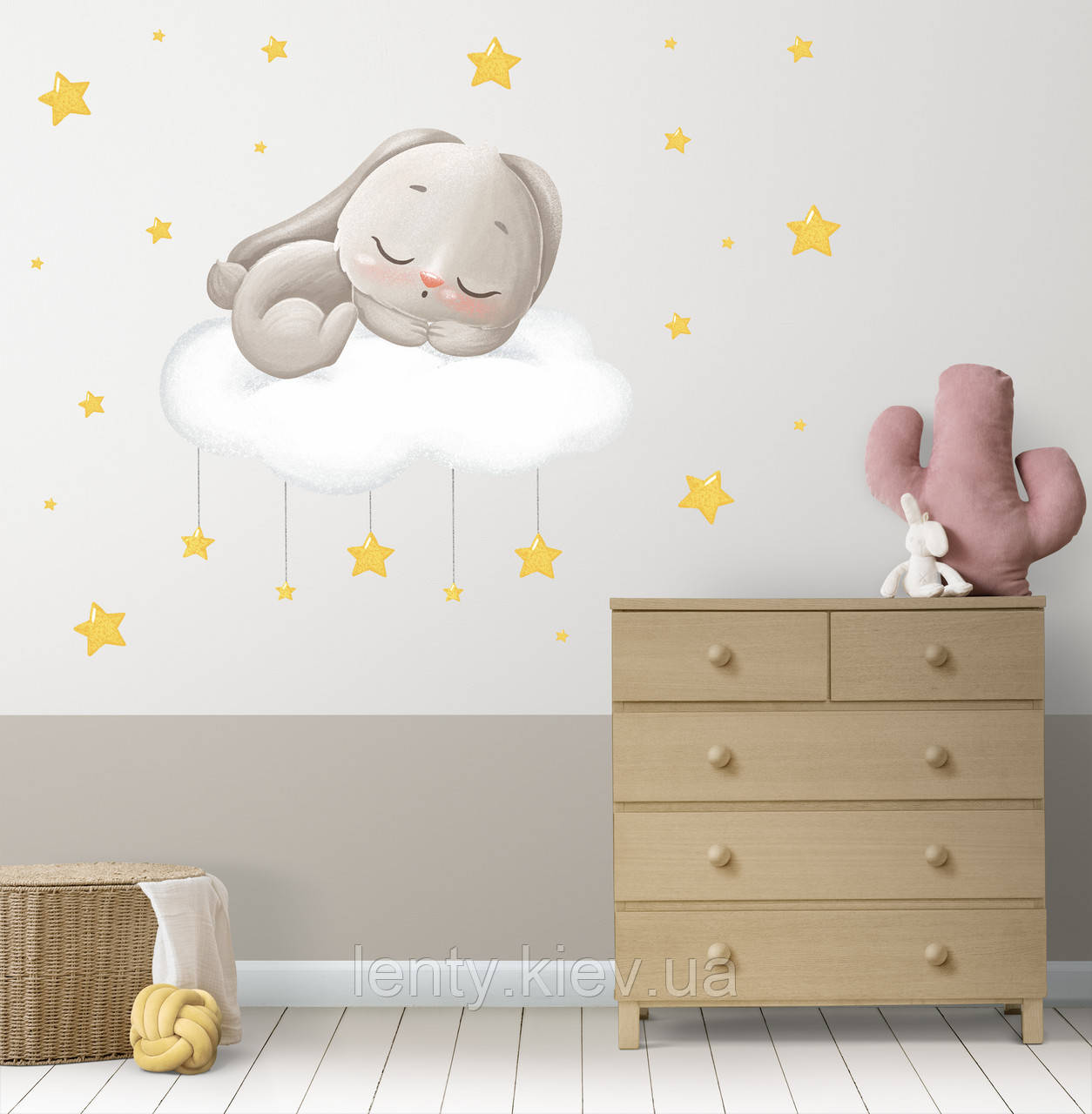 Інтер'єрна наклейка "Спляче зайченя на хмаринці" 80х80 см + набір зірочок на стіну в дитячу кімнату