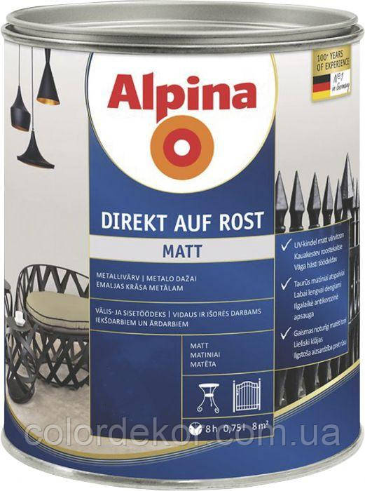 Емаль гладка ALPINA DIREKT AUF ROST антикорозійна (RAL 9016 Біла матова) 0,75 л