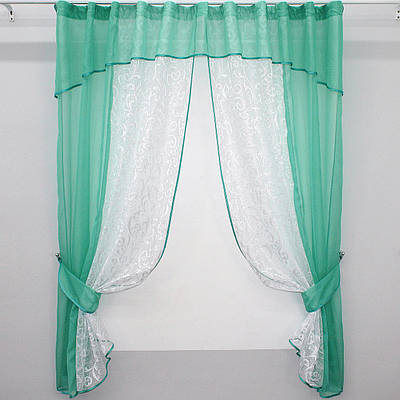 Кухонні штори (290х170см.) з ламбрекеном, на карниз 1-1,5м. Колір бірюзовий з білим. Код 090к 59-347