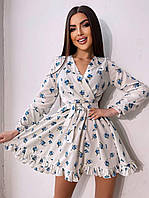 Цветочное приталенное платье с расклешенной юбкой с оборками и верхом на запах (р. S, М) 66035149Е