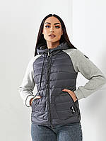 Жіноча демисезона куртка «Комбінована» батал арт. 1011 темно-сірого кольору/ сірий/графіт