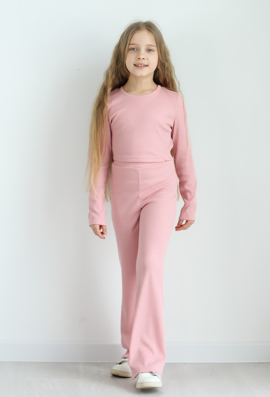 Костюм рубчик штани кльош і кроптоп для дівчинки (зріст 116-134) трикотаж колір пудра
