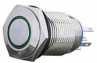 Кнопка металлическая плоская с фиксацией с подсветкой зеленая TYJ 16-361, 1NO+1NC, 220V, АСКО