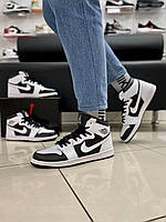 Мужские кроссовки Nike Air Jordan 1 White/Black (чёрно-белые) высокие демисезонные кроссы A033-14 cross