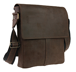 Чоловіча шкіряна сумка через плече планшет месенджер із натуральної шкіри з клапаном коричнева 25*21*5 см