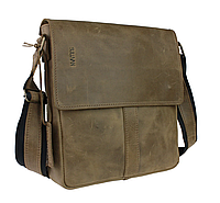 Мужская кожаная сумка через плечо планшет мессенджер из натуральной кожи с клапаном оливковая 25*21*5 см