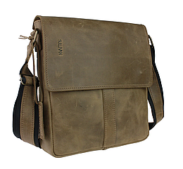 Чоловіча шкіряна сумка через плече планшет месенджер із натуральної шкіри з клапаном оливкова 25*21*5 см
