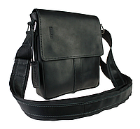 Мужская кожаная сумка через плечо планшет мессенджер из натуральной кожи с клапаном черная 23*19*5 см