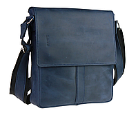 Мужская кожаная сумка через плечо планшет мессенджер из натуральной кожи с клапаном синяя 25*21*5 см