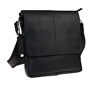 Мужская кожаная сумка через плечо планшет мессенджер из натуральной кожи с клапаном черная 25*21*5 см