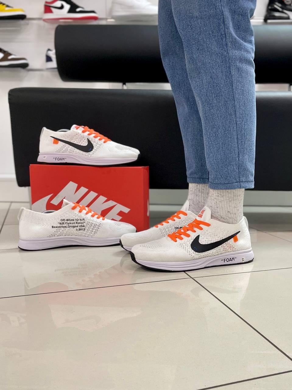 Чоловічі кросівки Nike Flyknit Racer x OFF WHITE "FOAM" (білі з жовтогарячим) модні спортивні кроси G5125-1 top, фото 1