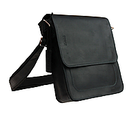 Мужская кожаная сумка через плечо планшет мессенджер из натуральной кожи с клапаном черная 25*22*5 см
