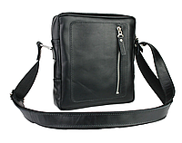 Мужская кожаная сумка через плечо планшет мессенджер черная из натуральной гладкой кожи 21*19*5 см
