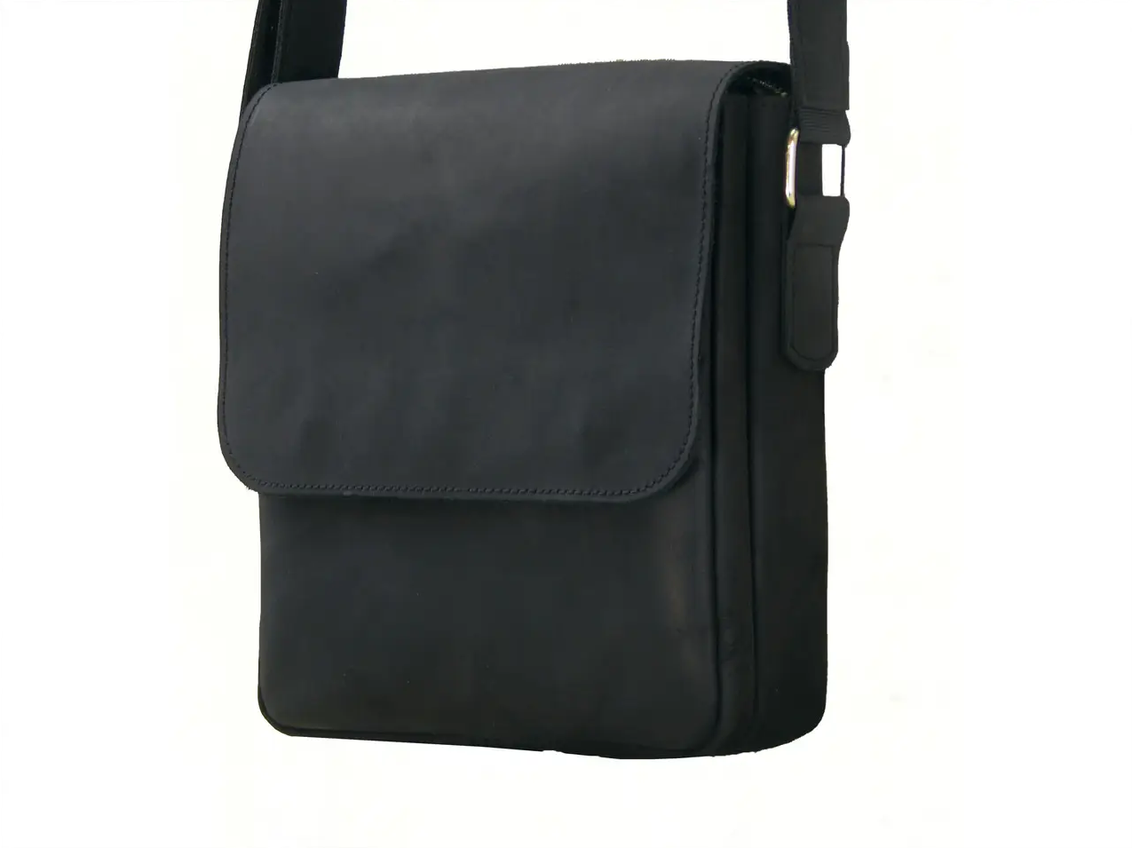 Чоловіча шкіряна сумка через плече на 2 відділи планшет із натуральної шкіри з клапаном чорна 23×20×7 см