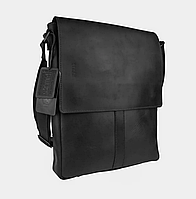 Кожаная мужская сумка планшет для документов А4 из натуральной кожи вертикальная через плечо с клапаном черная