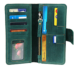 Жіночий шкіряний гаманець клатч купюрник-ленгер із натуральної шкіри зелений