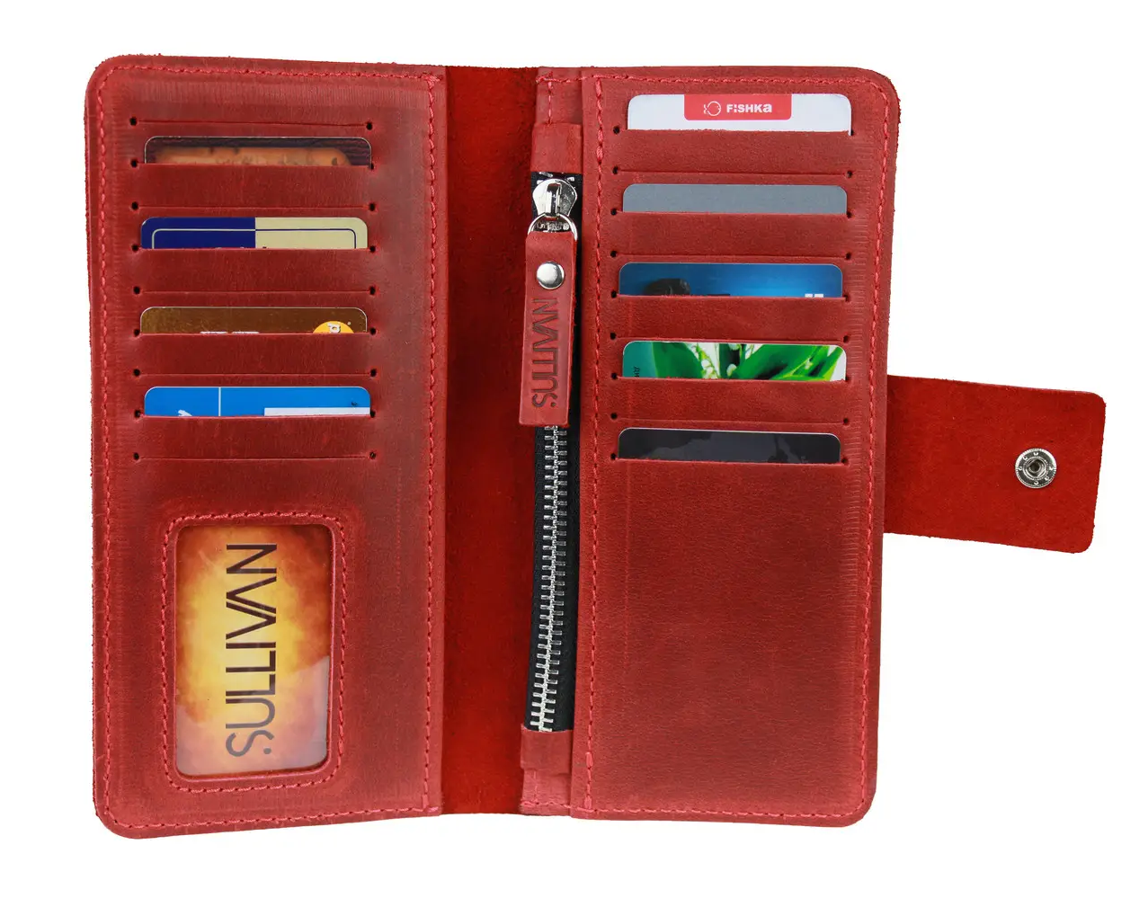 Жіночий шкіряний гаманець купюрник-ленгер із натуральної шкіри червоний