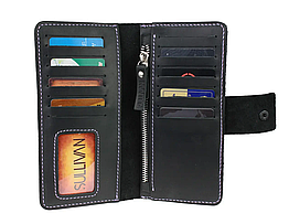 Жіночий шкіряний гаманець-ленгер клатч із натуральної шкіри чорний фіолетова нитка