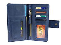Женский кожаный кошелек лонгер тревел-кейс с отделением для паспорта из натуральной кожи синий