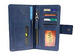 Чоловічий шкіряний гаманець тревел-кейс лонгер з відділом для паспорта із натуральної шкіри синій