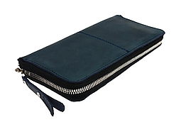 Великий шкіряний чоловічий гаманець клатч на змійці з натуральної шкіри синій