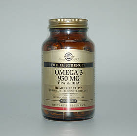 Риб'ячий жир, Омега - 3 (Omega-3, EPA DHA), Solgar, потрійна сила, 950 мг, 50 капсул