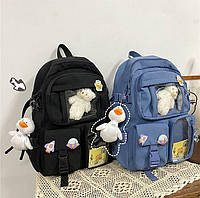 Рюкзак міський спортивний корейський зі значками та іграшкою-брелоком качка-гусь ведмедика беар у комплекті Чорний
