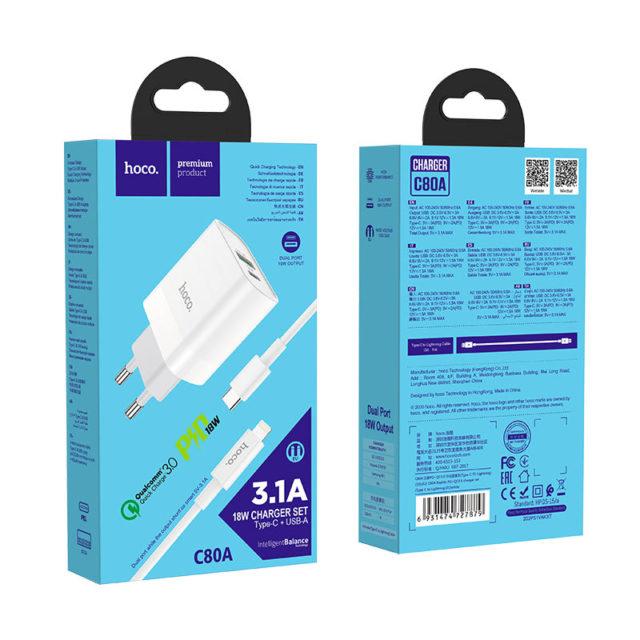 Мережевий зарядний пристрій Hoco C80A Rapido PD + штекер QC3.0 EU з кабелем Type-C - Lighting, фото 1