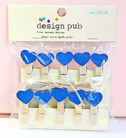 Прищіпки для декору "Сині серця" 3.5 см (10 штук)