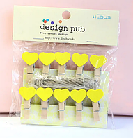 Прищіпки для декору "Жовті серця" 3.5 см (10 штук)