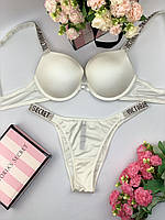 Комплект женского нижнего белья Victoria`s Secret со стразами лифчик и трусики 80В-Л, Белый