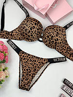 Комплект женского нижнего белья Victoria`s Secret со стразами лифчик и трусики 80В-Л, Леопардовый