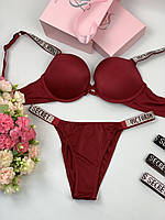 Комплект женского нижнего белья Victoria`s Secret со стразами лифчик и трусики 85В-Л, Бордовый