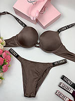 Комплект женского нижнего белья Victoria`s Secret со стразами лифчик и трусики 80С-Л, Коричневый